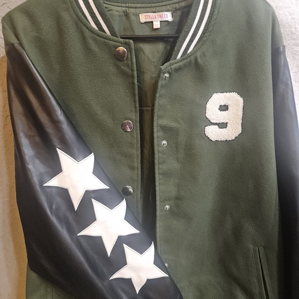 Stella Tweed Olive Varsity Jacket with Black Sleeves
